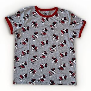 Disney Minnie Mouse All-Over Print Ringer T-Shirt Large Gray Red Cotton